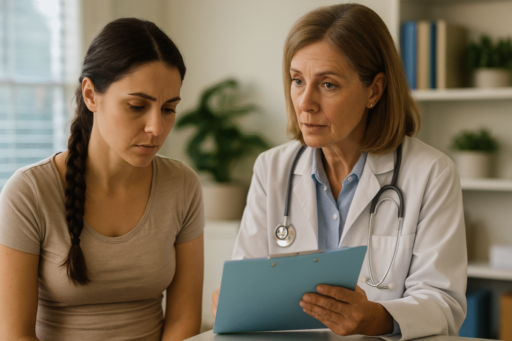 Woman discussing diastasis recti treatment with a surgeon – postpartum care planning